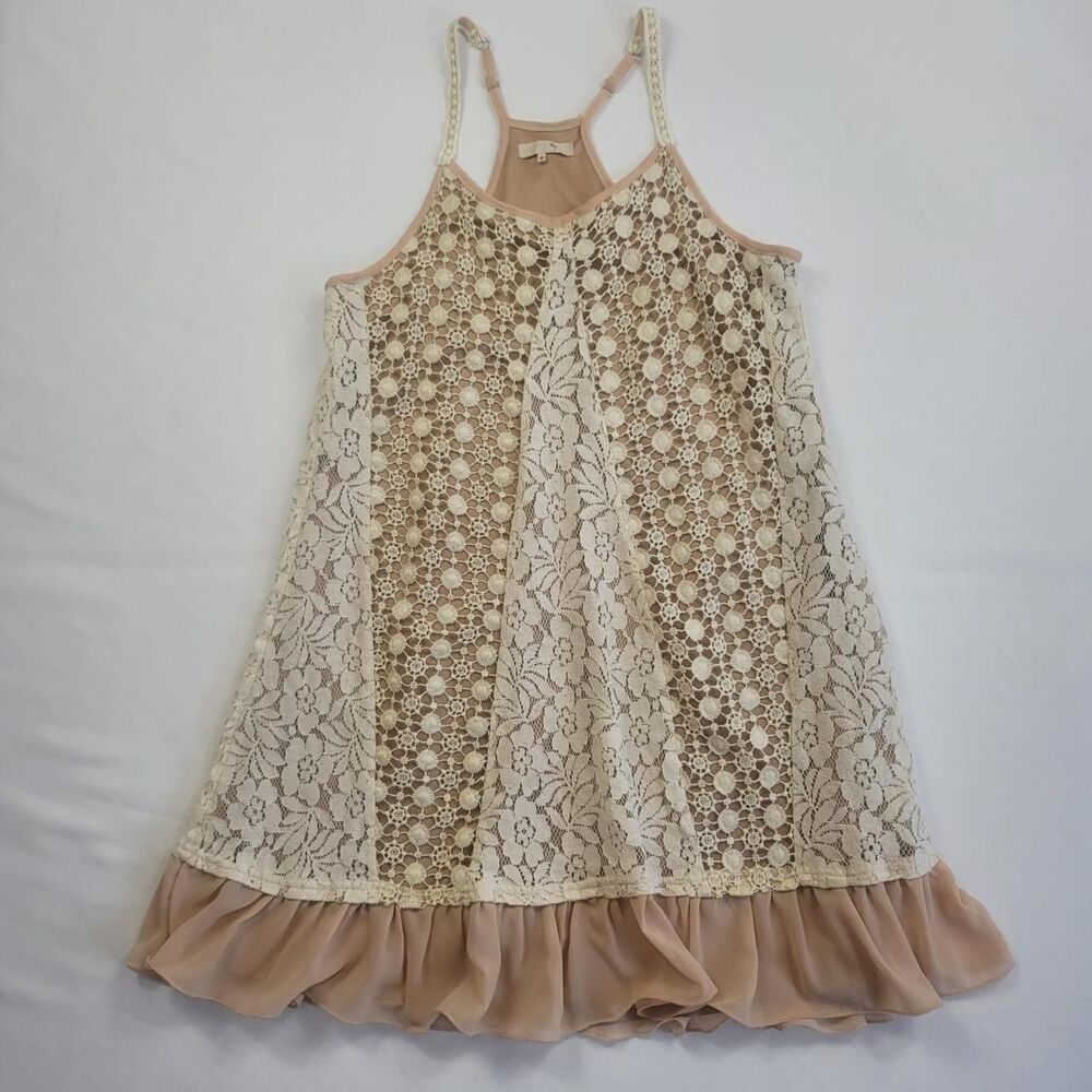 Ryu Beige Crochet Ruffle Dress Women Small Fairy Coquette Boho Lace Mini